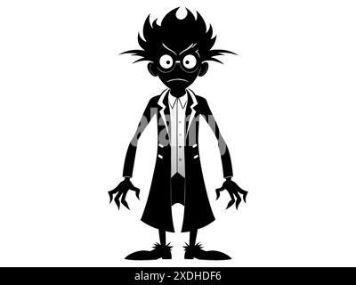 Black silhouette of eccentric mad scientist isolated on white background. Concept of crazy professor, mad genius, minimalist character, Halloween. Pri Stock Vector