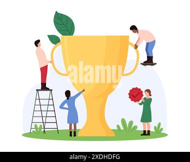 Golden cup prize for victory. Tiny people win champions award ...