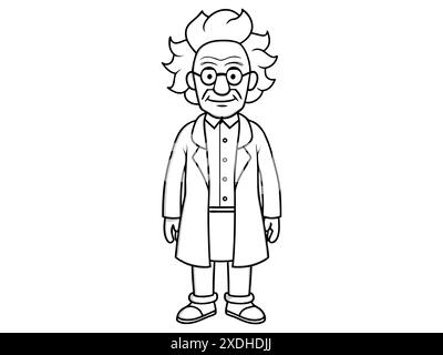 Cartoon outline of eccentric mad scientist character in lab coat isolated on white background. Concept of crazy professor, mad genius, Halloween chara Stock Vector