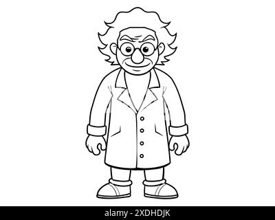 Cartoon outline of eccentric mad scientist character in lab coat isolated on white background. Concept of crazy professor, mad genius, Halloween chara Stock Vector