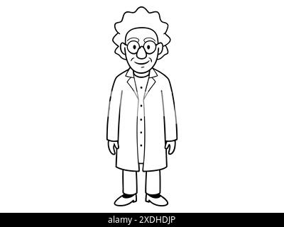 Cartoon outline of eccentric mad scientist character in lab coat isolated on white background. Concept of crazy professor, mad genius, Halloween chara Stock Vector