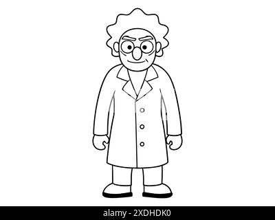 Cartoon outline of eccentric mad scientist character in lab coat isolated on white background. Concept of crazy professor, mad genius, Halloween chara Stock Vector