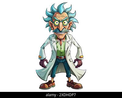 Quirky cartoon mad scientist in a lab coat isolated on white background. Concept of eccentric genius, crazy professor, Halloween character, humorous i Stock Vector