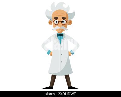 Quirky cartoon mad scientist in a lab coat isolated on white background. Concept of eccentric genius, crazy professor, Halloween character, humorous i Stock Vector