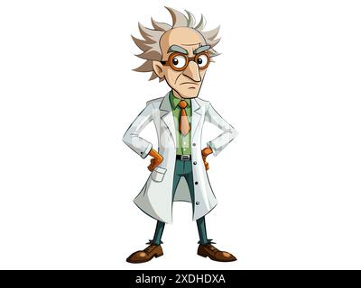 Quirky cartoon mad scientist in a lab coat isolated on white background. Concept of eccentric genius, crazy professor, Halloween character, humorous i Stock Vector