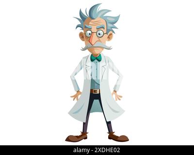 Quirky cartoon mad scientist in a lab coat isolated on white background. Concept of eccentric genius, crazy professor, Halloween character, humorous i Stock Vector