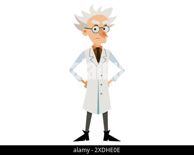 Quirky cartoon mad scientist in a lab coat isolated on white background. Concept of eccentric genius, crazy professor, Halloween character, humorous i Stock Vector