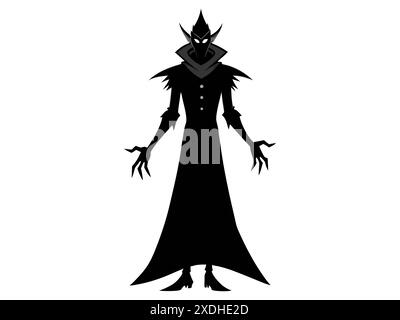 Black silhouette of a wizard isolated on a white background. Concept of Halloween, evil sorcerer, magic fantasy character, cast spells, minimalist sty Stock Vector