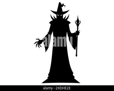 Black silhouette of a wizard isolated on a white background. Concept of Halloween, evil sorcerer, magic fantasy character, cast spells, minimalist sty Stock Vector