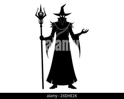 Black silhouette of a wizard isolated on a white background. Concept of Halloween, evil sorcerer, magic fantasy character, cast spells, minimalist sty Stock Vector