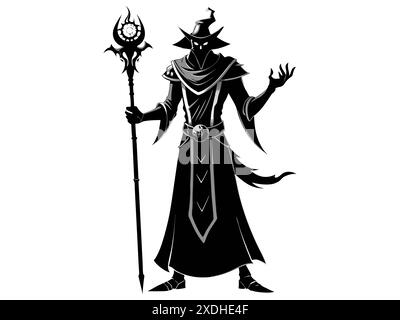 Black silhouette of a wizard isolated on a white background. Concept of Halloween, evil sorcerer, magic fantasy character, cast spells, minimalist sty Stock Vector