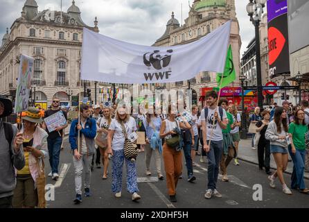 London / UK - Jun 22 2024: Activists from the WWF-UK protest at the Restore Nature Now march for environmental protections. 350 organisations including the RSPB, WWF,  National Trust, Extinction Rebellion and others united for the march. Stock Photo