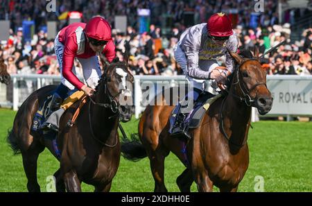 Hector Crouch on Doha (right) beats Hopeful ridden by M Barzalona in the Kensington Palace Stakes during Royal Ascot 2024 at Ascot Racecourse, Ascot P Stock Photo