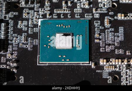 Semiconductor silicon component.CPU or Central processing unit, on the mainboard. Stock Photo