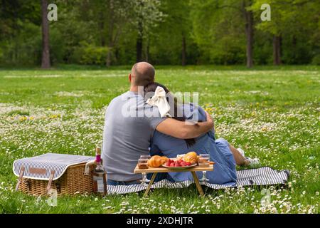 Happy pregnant couple spending time together on a picnic outdoors. Rear view The family is expecting a child. Pregnancy. Love for each other Stock Photo