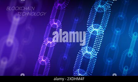 Illustration of blockchain technology with interconnected digital chains in a futuristic and abstract design. Stock Photo