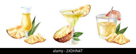 Watercolor set of cocktails with martini in glass goblet. Set hand drawn illustrations of alcohol with slice of pineapple on white background. Bar and Stock Photo