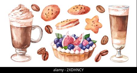 Watercolor collection of coffee and desserts. Set of illustrations with coffee beans, latte and cookies isolated on a white background. Drawings for d Stock Photo