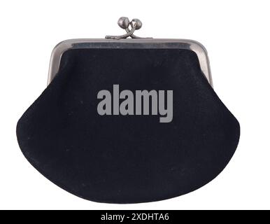 Old wallet isolated on white background. Black suede, metal lock Stock Photo