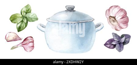 Freshly Cooked Soup in Blue Pot With Basil and Garlic isolated on a white background. Set of hand-drawn watercolor illustrations for menu and packagin Stock Photo