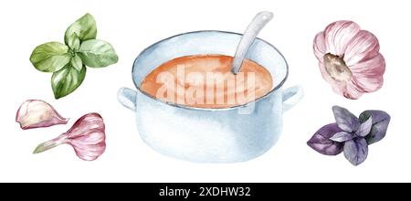 Freshly Cooked Tomato Soup in Blue Pot With Basil and Garlic isolated on a white background. Set of hand-drawn watercolor illustrations for menu and p Stock Photo