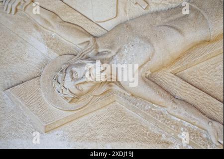 Jesus is nailed to the cross. Station XI of the Way of the Cross. Valinhos (Fátima), Portugal. Stock Photo