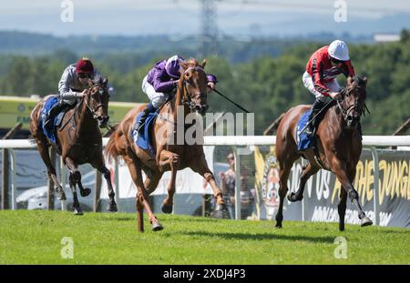 Pontefract, Yorkshire, Sunday 23rd June 2024; Forceful Speed and jockey William Buick win the Tribute Bands Family Day Sunday 28th July Handicap for trainer George Boughey and owner Amo Racing Limited. Credit JTW Equine Images / Alamy Live News. Stock Photo