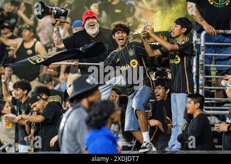 LAFC fans of the 3252 celebrate during a MLS match against the San Jose Earthquakes, Saturday, June 22, 2024, at the BMO Stadium, in Los Angeles, CA. Stock Photo