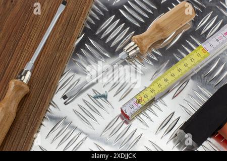 Tool Set on Metal Plate. Repair Concept Stock Photo