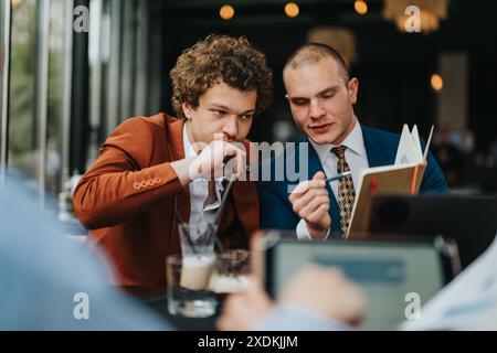 Two businessmen discussing ideas while reviewing documents in a modern coffee bar setting Stock Photo