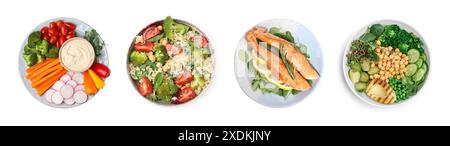 Set of different healthy meals on white background, top view Stock Photo