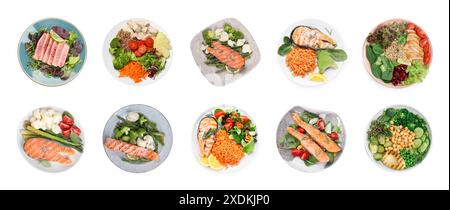 Set of different healthy meals on white background, top view Stock Photo