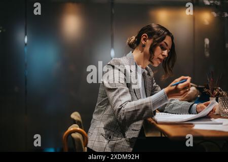 Focused businesswoman working late night in a modern office environment Stock Photo