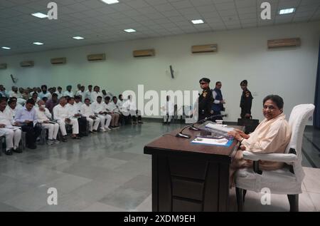 Lucknow, India. 23rd June, 2024. LUCKNOW, INDIA - JUNE 23: Bahujan Samaj Party (BSP) supremo Mayawati attends a meeting of party office bearers to review the results of general elections, at the party office, on June 23, 2024 in Lucknow, India. BSP chief Mayawati on Sunday reinstated her nephew Akash Anand on the post of the party's national coordinator and announced him as her political successor. The decision was announced during a meeting of the party's office bearers in Lucknow. (Photo by Deepak Gupta/Hindustan Times/Sipa USA ) Credit: Sipa USA/Alamy Live News Stock Photo