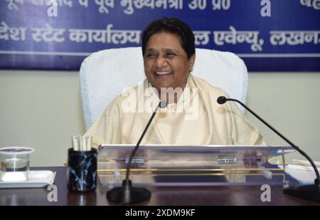 Lucknow, India. 23rd June, 2024. LUCKNOW, INDIA - JUNE 23: Bahujan Samaj Party (BSP) supremo Mayawati attends a meeting of party office bearers to review the results of general elections, at the party office, on June 23, 2024 in Lucknow, India. BSP chief Mayawati on Sunday reinstated her nephew Akash Anand on the post of the party's national coordinator and announced him as her political successor. The decision was announced during a meeting of the party's office bearers in Lucknow. (Photo by Deepak Gupta/Hindustan Times/Sipa USA ) Credit: Sipa USA/Alamy Live News Stock Photo