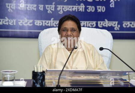 Lucknow, India. 23rd June, 2024. LUCKNOW, INDIA - JUNE 23: Bahujan Samaj Party (BSP) supremo Mayawati attends a meeting of party office bearers to review the results of general elections, at the party office, on June 23, 2024 in Lucknow, India. BSP chief Mayawati on Sunday reinstated her nephew Akash Anand on the post of the party's national coordinator and announced him as her political successor. The decision was announced during a meeting of the party's office bearers in Lucknow. (Photo by Deepak Gupta/Hindustan Times/Sipa USA ) Credit: Sipa USA/Alamy Live News Stock Photo