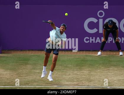 London, UK. 23rd June 2024; Cinch Championships, Queens Club, West Kensington, London, England: Cinch Championships Queens Club, Day 7;  Karen Khachanov (RUS) serves to Michael Venus (NZL), mens doubles final Credit: Action Plus Sports Images/Alamy Live News Stock Photo