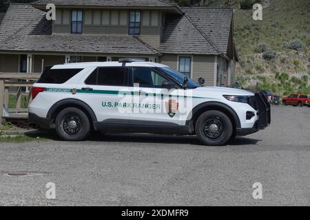 US Park Rangers Vehicle at Mammoth Hot Springs, Yellowstone National Park, Wyoming , USA Stock Photo