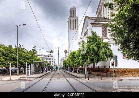 Rabat, Morocco - March 23, 2024: Modern tram in the centre city near Medina. Rabat-Sale tramway is tram system in Rabat Stock Photo