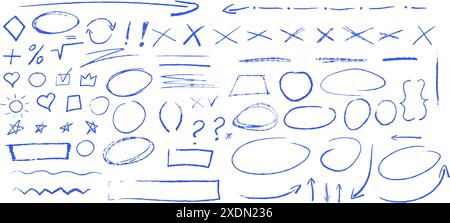 Blue underline pencil hand drawn various ellipses, punctuation marks, direction pointers, arrows, stars, question mark and exclamation point. Vector Stock Vector