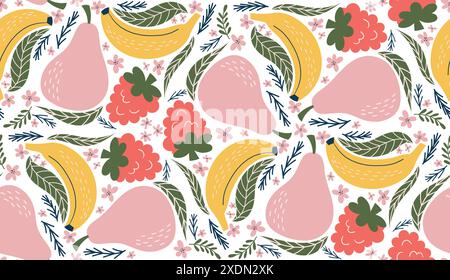 Playful seamless pattern featuring illustrations of raspberries, bananas, pink pears, pink flowers, and green leaves, arranged in a kaleidoscope-like Stock Vector
