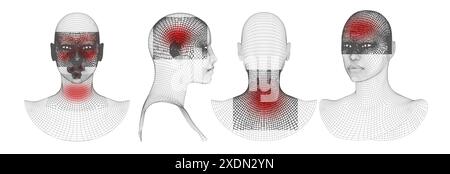 3D Wireframe Human Head Model with Pain Points Stock Vector