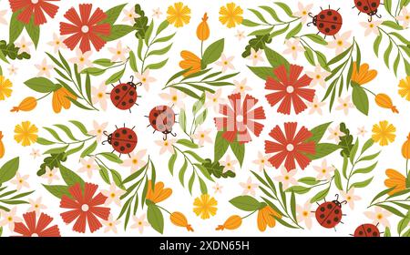 Spring pattern with ladybug, leaves, and flowers in a cute, hand-drawn vector style. Perfect for textiles, packaging, and decorative design Stock Vector
