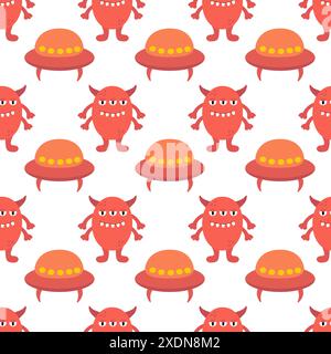 Alien spaceship, spacecrafts and UFO and Cute red alien or monster seamless pattern. Kids design. Children Cosmic ship. Vector flat illustration. Stock Vector