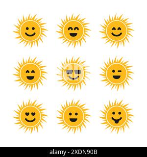 Set of suns with smiles. Nine yellow suns with different smiley. Vector illustration Stock Vector