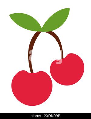 Two red cherries on the branch with leaves. Fruit flat vector illustration. Stock Vector