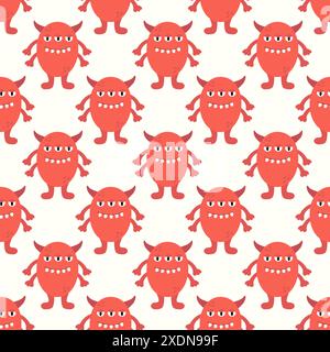 Cute red alien or monster seamless pattern. Kids design. Vector flat illustration. Stock Vector