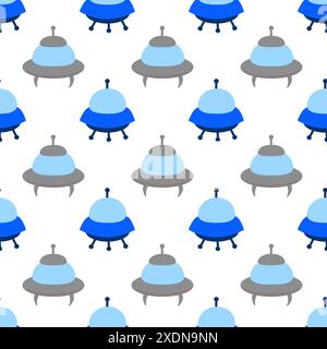 Alien gray and blue spaceships, spacecrafts and UFO Seamless Pattern. Cosmic ships in form saucer for transportation. Children design. Vector cartoon Stock Vector