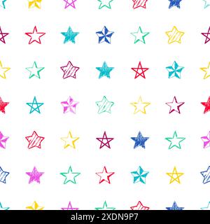 Seamless background of doodle stars. Multicolor hand drawn stars on white background. Vector illustration Stock Vector
