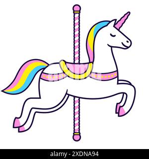 Unicorn carousel horse isolated vector illustration. Cute cartoon white unicorn with rainbow sparkles. Stock Vector
